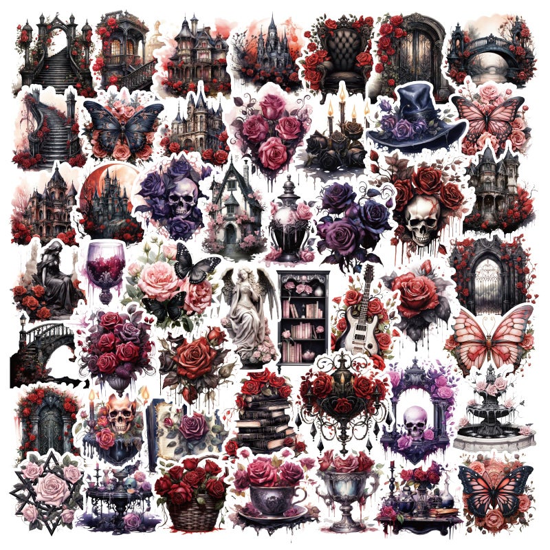 Bomichi Dark Aesthetic Goth Stickers 100 Pcs Vintage Rose Skull Stickers Horror Vinyl Waterproof Decals for Water Bottles Laptop Phone Scrapbook Junk Journal Collage DIY Crafts