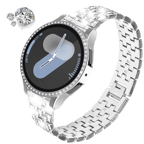 DEALELE Bands Compatible with Samsung Galaxy Watch 7 / 6 / 5 / 4 / FE 40mm / 44mm / 5 Pro 45mm, 20mm Bling Rhinestone Diamond Metal Strap with Protective Case Replacement for Women Men (1# Silver, galaxy 7 (40mm)) - Image 2