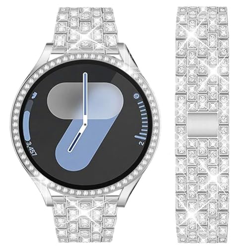 DEALELE Bands Compatible with Samsung Galaxy Watch 7 / 6 / 5 / 4 / FE 40mm / 44mm / 5 Pro 45mm, 20mm Bling Rhinestone Diamond Metal Strap with Protective Case Replacement for Women Men (1# Silver, galaxy 7 (40mm)) - Image 1