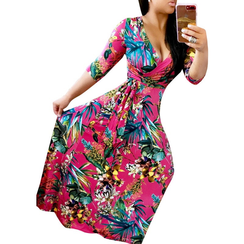 Bohemian V-Neck Printed Plus Size Maxi Dress