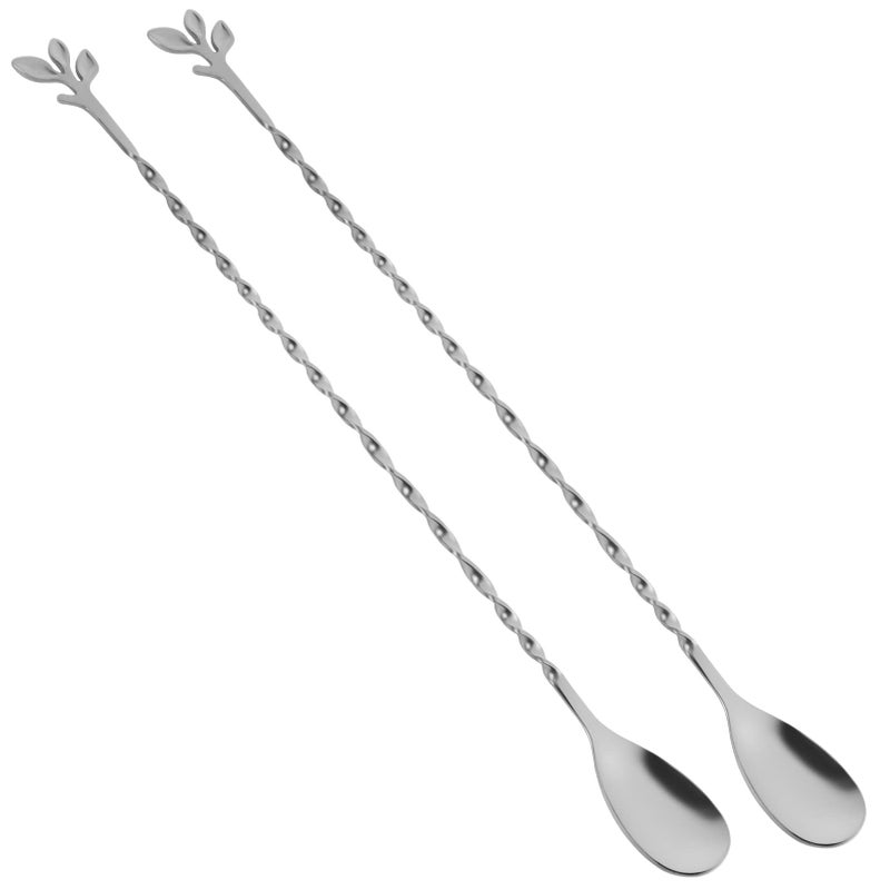 AnSaw AnSaw Silver 12Inch Stainless Steel Cocktail Spoon with Leaf Handle  Perfect for Mixing  Layering Drinks in Tall Cups Bar  Shakers  Durable Long Handle Bar Stirrer2Pieces 