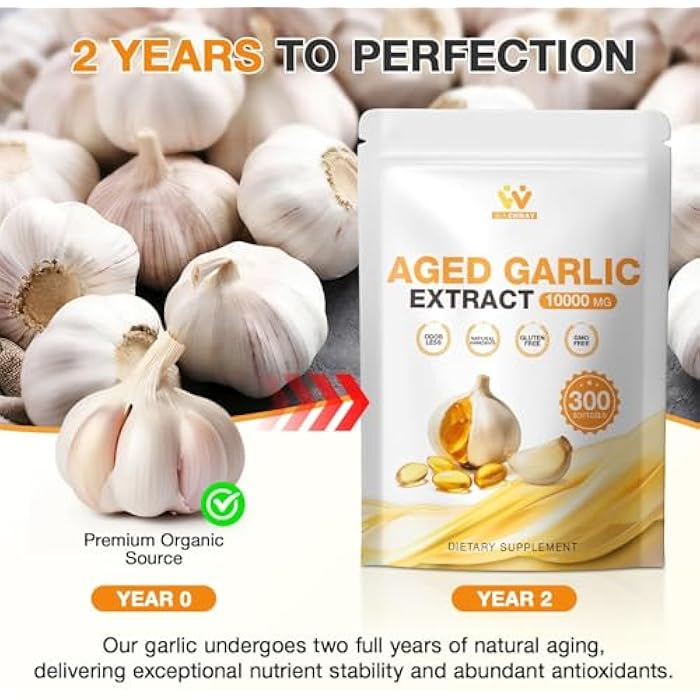 WACHRAY Aged Garlic Extract 300 Capsules 2 Packs - 10000mg High Potency, Odorless, Garlic Supplement for Heart Health, Immune Support & Antioxidant Benefits Non-GMO Gluten-Free - Image 4