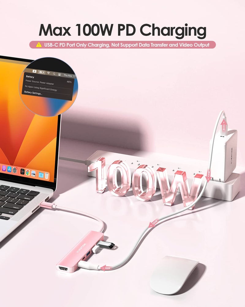 LENTION USB C Hub, Multiport with 4K HDMI Port, 3xUSB-A Ports, USB-C Data Port, 100W PD Port, Compatible New MacBook Pro/Air, iPhone 17 Pro/Pro Max, Surface, Chromebook, More(CE35s, Rose Gold) - Image 4