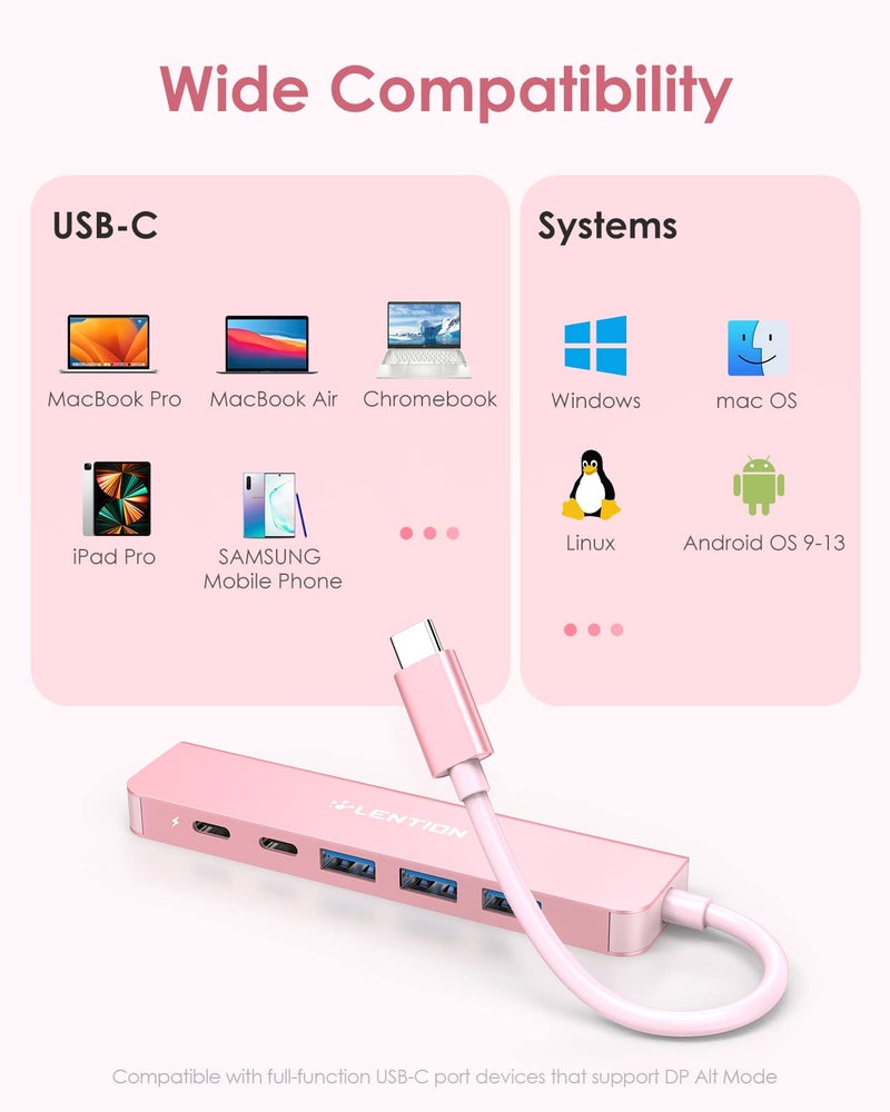 LENTION USB C Hub, Multiport with 4K HDMI Port, 3xUSB-A Ports, USB-C Data Port, 100W PD Port, Compatible New MacBook Pro/Air, iPhone 17 Pro/Pro Max, Surface, Chromebook, More(CE35s, Rose Gold) - Image 5