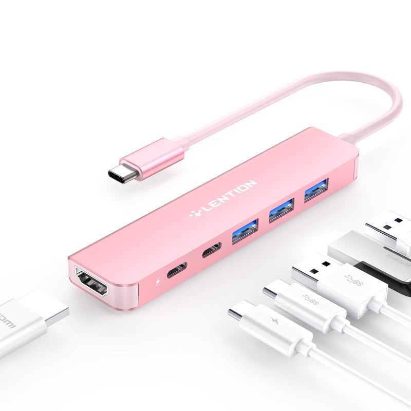 LENTION USB C Hub, Multiport with 4K HDMI Port, 3xUSB-A Ports, USB-C Data Port, 100W PD Port, Compatible New MacBook Pro/Air, iPhone 17 Pro/Pro Max, Surface, Chromebook, More(CE35s, Rose Gold) - Image 1
