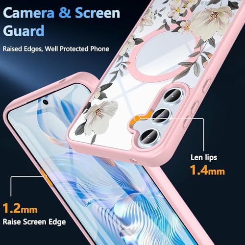 VONZEE Compatible with Samsung Galaxy A55 5G Case Luxury Retro Flowers Floral Clear for Magnetic Wireless Charging Case Shockproof PC+TPU Cute Glossy Shiny Cover for Girls Women, Pink - Image 2