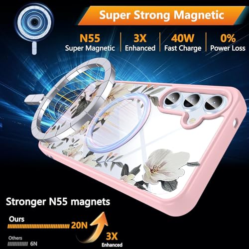 VONZEE Compatible with Samsung Galaxy A55 5G Case Luxury Retro Flowers Floral Clear for Magnetic Wireless Charging Case Shockproof PC+TPU Cute Glossy Shiny Cover for Girls Women, Pink - Image 3