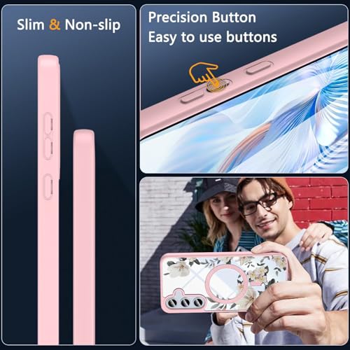 VONZEE Compatible with Samsung Galaxy A55 5G Case Luxury Retro Flowers Floral Clear for Magnetic Wireless Charging Case Shockproof PC+TPU Cute Glossy Shiny Cover for Girls Women, Pink - Image 4