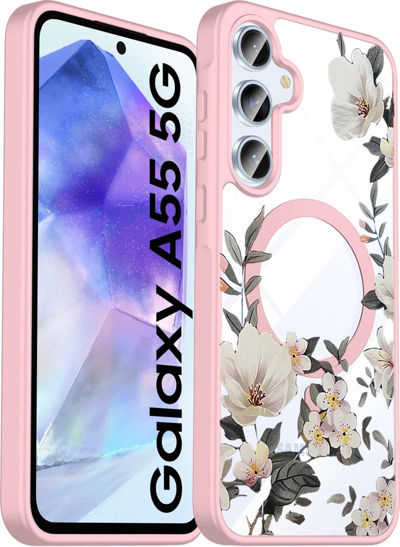 VONZEE Compatible with Samsung Galaxy A55 5G Case Luxury Retro Flowers Floral Clear for Magnetic Wireless Charging Case Shockproof PC+TPU Cute Glossy Shiny Cover for Girls Women, Pink - Image 1