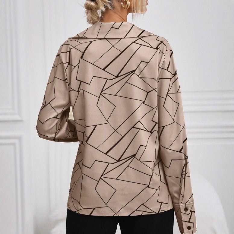 Women's Loose Fit Printed V-Neck Long Sleeve Blouse - Image 2