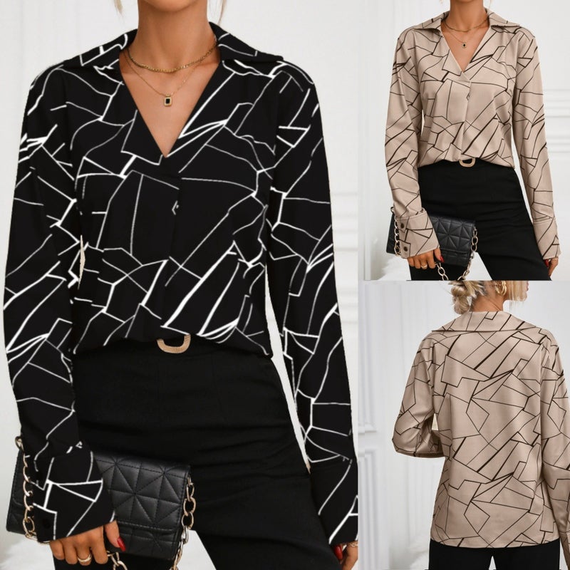 Women's Loose Fit Printed V-Neck Long Sleeve Blouse - Image 1