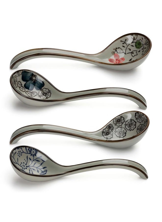 Evannt Ceramic Soup Spoons Set of 4 Porcelain Japanese Soup Spoon Long Handle Asian Soup Spoon Sets for Pho Ramen Noodles Wonton Dumpling Rice (Model 2#) - Image 1