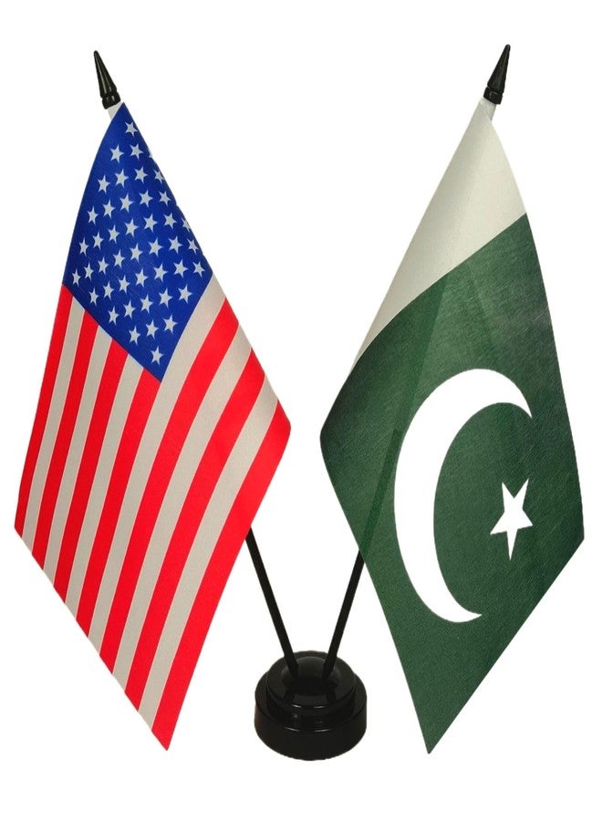 Zigvert America & Pakistan Friendship Twin Desk Flag, US Pakistan Table Flags, 8 x 5 Inches American & Pakistani Deluxe Desk Flag Set - Miniature USA & Pakistan Stick Flag with Flag Stand - Image 1