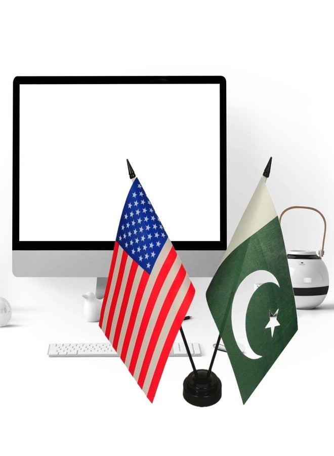 Zigvert America & Pakistan Friendship Twin Desk Flag, US Pakistan Table Flags, 8 x 5 Inches American & Pakistani Deluxe Desk Flag Set - Miniature USA & Pakistan Stick Flag with Flag Stand - Image 2