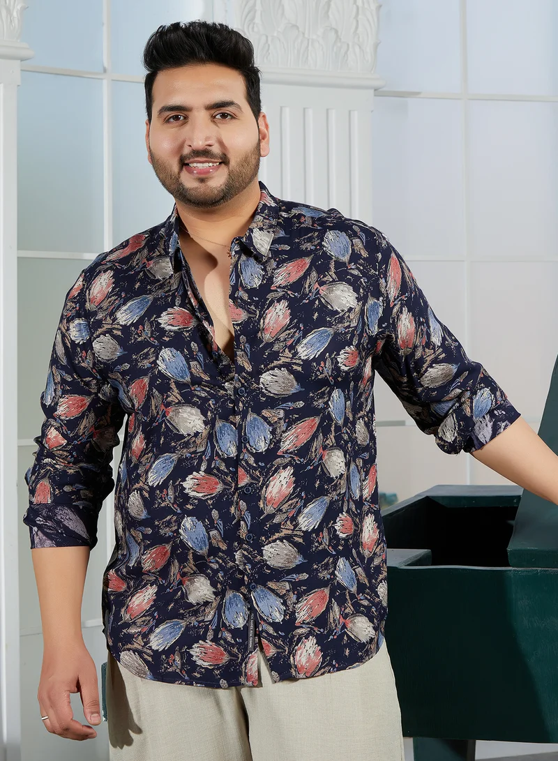 انستافاب بلس Instafab Plus Men's Onyx Black Bloom-Traces Shirt For Casual Wear | Spread Collar | Long Cuffed Sleeves | Button Closure | Plus Size Shirt Crafted With Comfort Fit For Everyday Wear