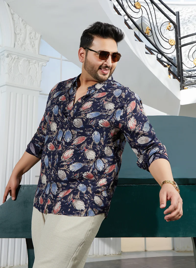 انستافاب بلس Instafab Plus Men's Onyx Black Bloom-Traces Shirt For Casual Wear | Spread Collar | Long Cuffed Sleeves | Button Closure | Plus Size Shirt Crafted With Comfort Fit For Everyday Wear