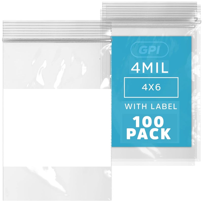 GPI - 4" x 6" - Bulk Pack of 100, 4 Mil Thick, Heavy Duty, Clear Plastic Reclosable Zip Bags, With Write-on White Block for Labeling, Strong & Durable Poly Baggies With Resealable Zipper Top Lock. - Image 1