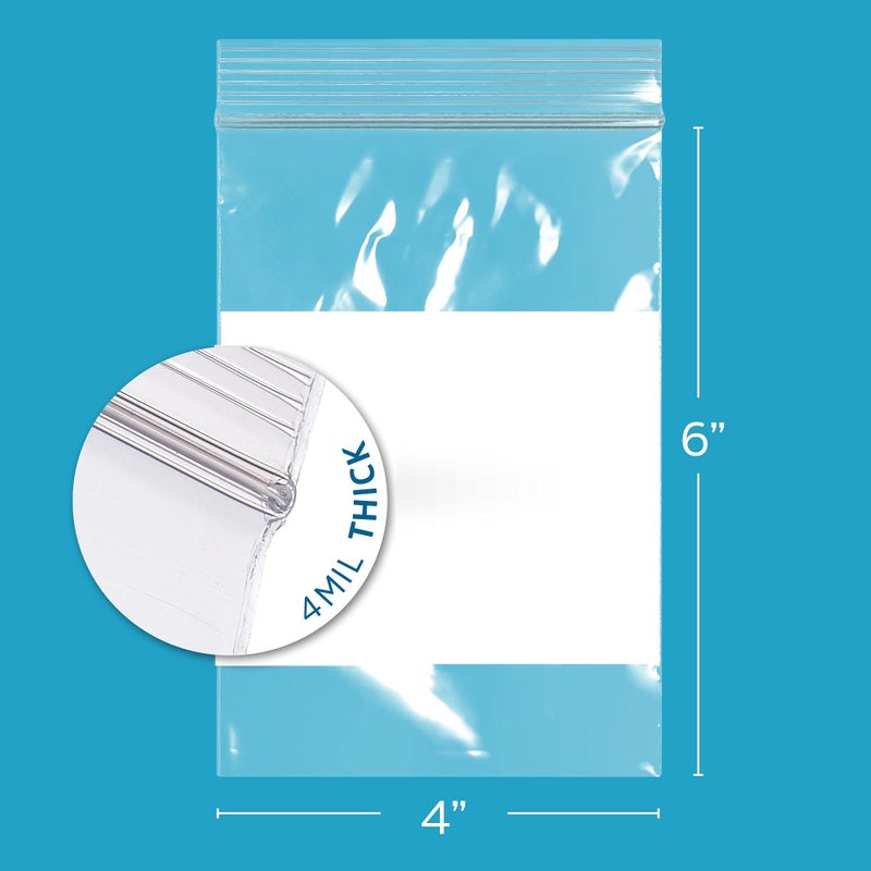 GPI - 4" x 6" - Bulk Pack of 100, 4 Mil Thick, Heavy Duty, Clear Plastic Reclosable Zip Bags, With Write-on White Block for Labeling, Strong & Durable Poly Baggies With Resealable Zipper Top Lock. - Image 2
