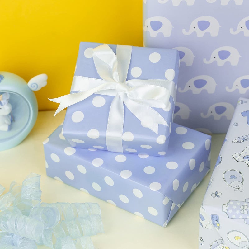 MAYPLUSS Blue Elephant Baby Shower Wrapping Paper - 17" X 120" Per Roll(3 Rolls) - Elegant Welcome Boy Elephant Theme Birthday Gift Wrap Sheet for Baby Shower, Celebration, Party, Newborn - Image 4