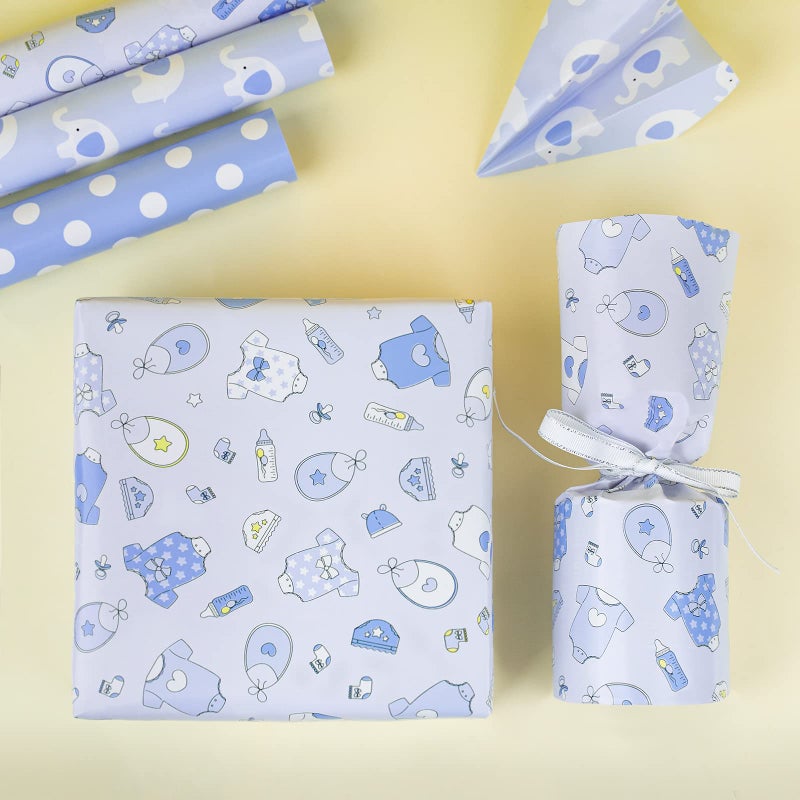 MAYPLUSS Blue Elephant Baby Shower Wrapping Paper - 17" X 120" Per Roll(3 Rolls) - Elegant Welcome Boy Elephant Theme Birthday Gift Wrap Sheet for Baby Shower, Celebration, Party, Newborn - Image 2