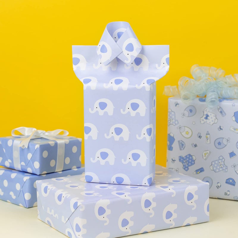 MAYPLUSS Blue Elephant Baby Shower Wrapping Paper - 17" X 120" Per Roll(3 Rolls) - Elegant Welcome Boy Elephant Theme Birthday Gift Wrap Sheet for Baby Shower, Celebration, Party, Newborn - Image 5