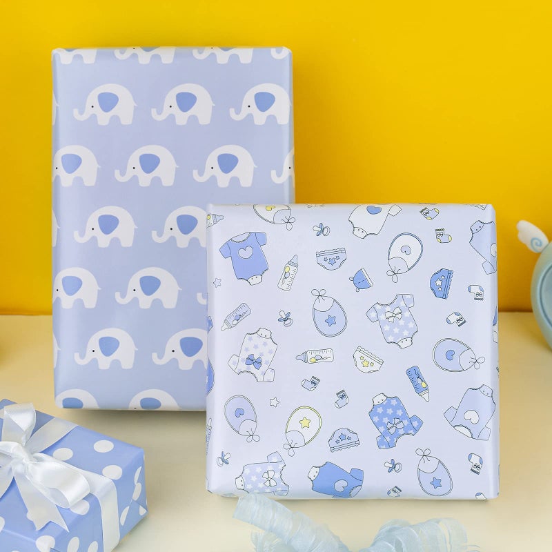 MAYPLUSS Blue Elephant Baby Shower Wrapping Paper - 17" X 120" Per Roll(3 Rolls) - Elegant Welcome Boy Elephant Theme Birthday Gift Wrap Sheet for Baby Shower, Celebration, Party, Newborn - Image 3