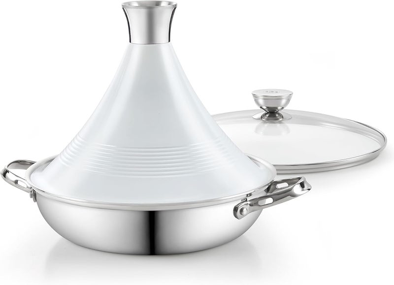 DM Tagine Pot, 11 Inch 3.6 Quart Moroccan Clay Tagine Pot Alternative, Multi-Ply Clad Stainless Steel, Traditional Cooking Pot with Die-Cast Aluminum White Conical Lid and Stainless Steel Knob - Image 1