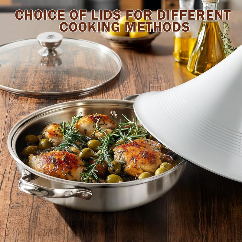 DM Tagine Pot, 11 Inch 3.6 Quart Moroccan Clay Tagine Pot Alternative, Multi-Ply Clad Stainless Steel, Traditional Cooking Pot with Die-Cast Aluminum White Conical Lid and Stainless Steel Knob - Image 5