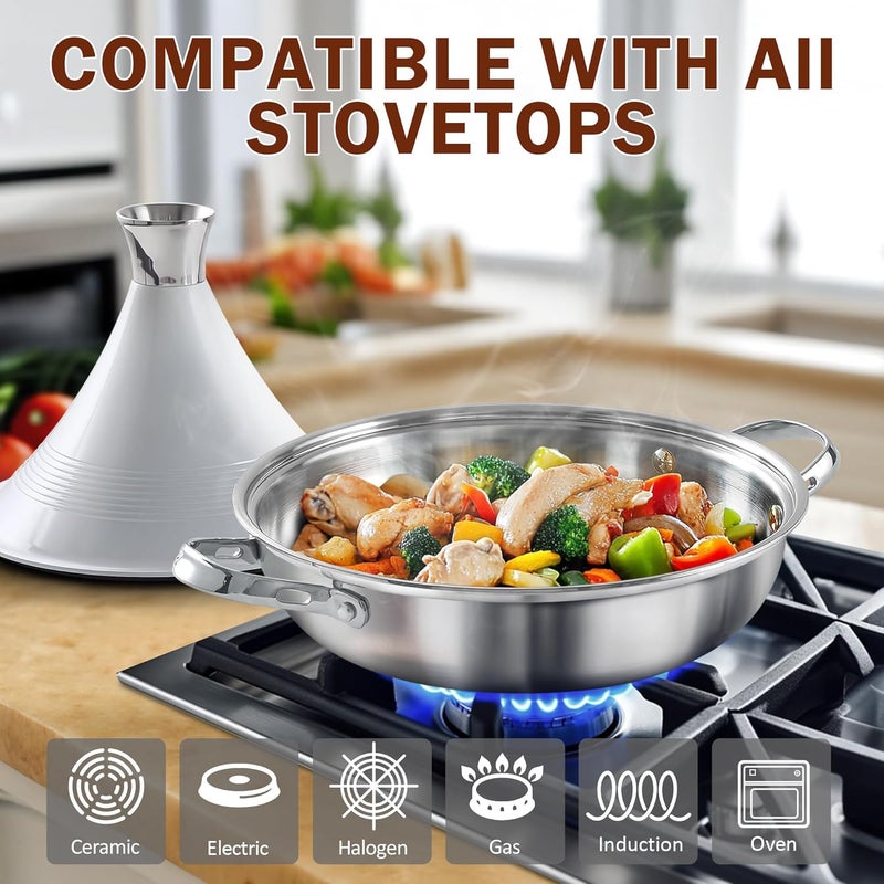 DM Tagine Pot, 11 Inch 3.6 Quart Moroccan Clay Tagine Pot Alternative, Multi-Ply Clad Stainless Steel, Traditional Cooking Pot with Die-Cast Aluminum White Conical Lid and Stainless Steel Knob - Image 3