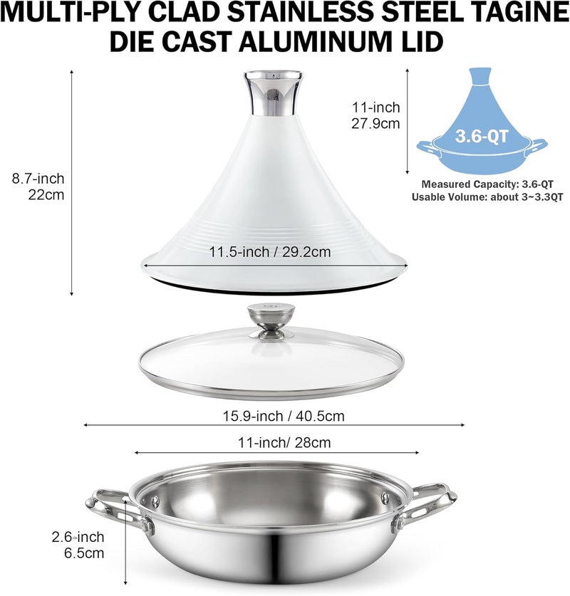 DM Tagine Pot, 11 Inch 3.6 Quart Moroccan Clay Tagine Pot Alternative, Multi-Ply Clad Stainless Steel, Traditional Cooking Pot with Die-Cast Aluminum White Conical Lid and Stainless Steel Knob - Image 2