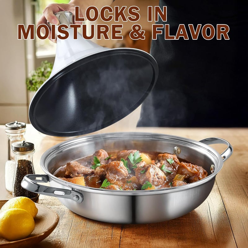 DM Tagine Pot, 11 Inch 3.6 Quart Moroccan Clay Tagine Pot Alternative, Multi-Ply Clad Stainless Steel, Traditional Cooking Pot with Die-Cast Aluminum White Conical Lid and Stainless Steel Knob - Image 4