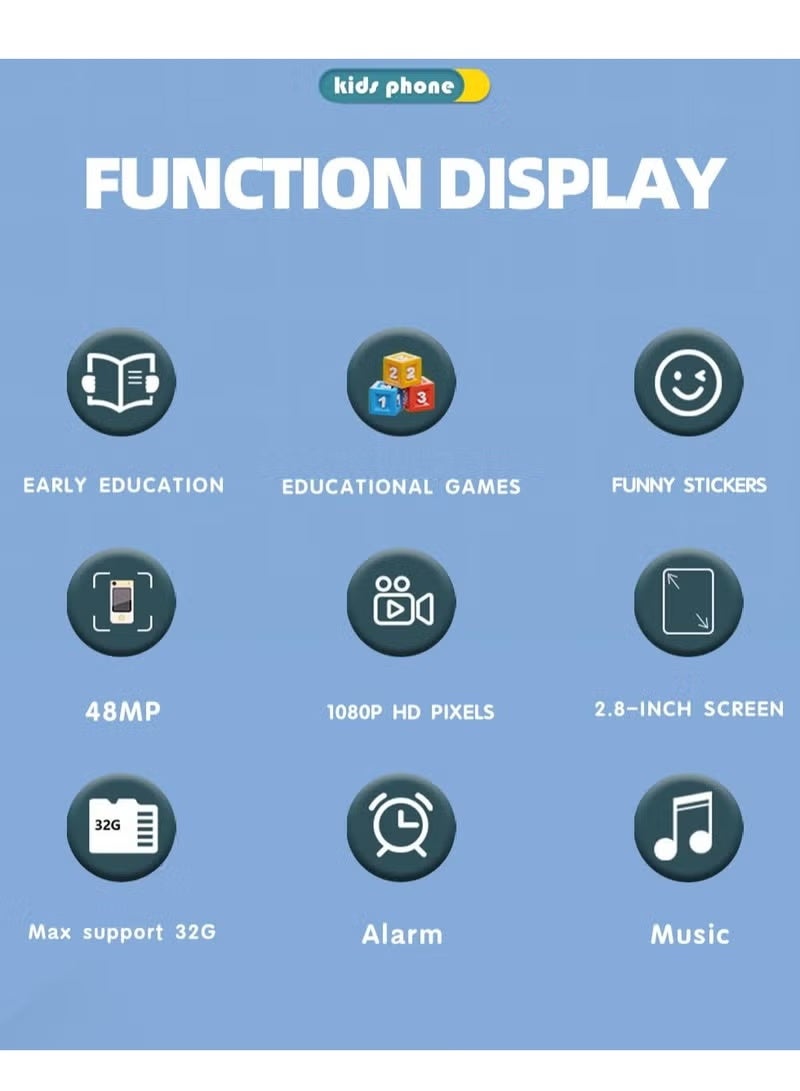 بلو فاير هاتف لعب للأطفال بشاشة لمس للأعمار 2-6 سنوات – شاشة 2.8” عالية الوضوح، كاميرا مزدوجة 48 ميجا بكسل دوارة 360°، مشغل موسيقى MP3، مسجل فيديو، 28 خلفية، 8 ثيمات ممتعة، ألعاب تعليمية مدمجة، آلة حاسبة ومنبه – هاتف آمن وتفاعلي للعب التخيلي مع حبل حمل ودعم بطاقة TF - Image 2