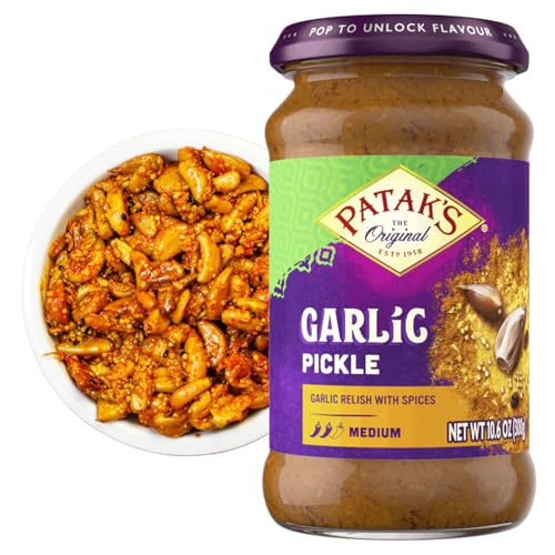 Patak's Pataks Garlic Pickle  Authentic Indian Relish wGarlic Cloves Raisins  Aromatic Spices  Perfect for Sandwiches Curries  Cold Meats  Vegan Medium Heat Spicy Pickle  106oz Jar Pack of 1 - Image 1