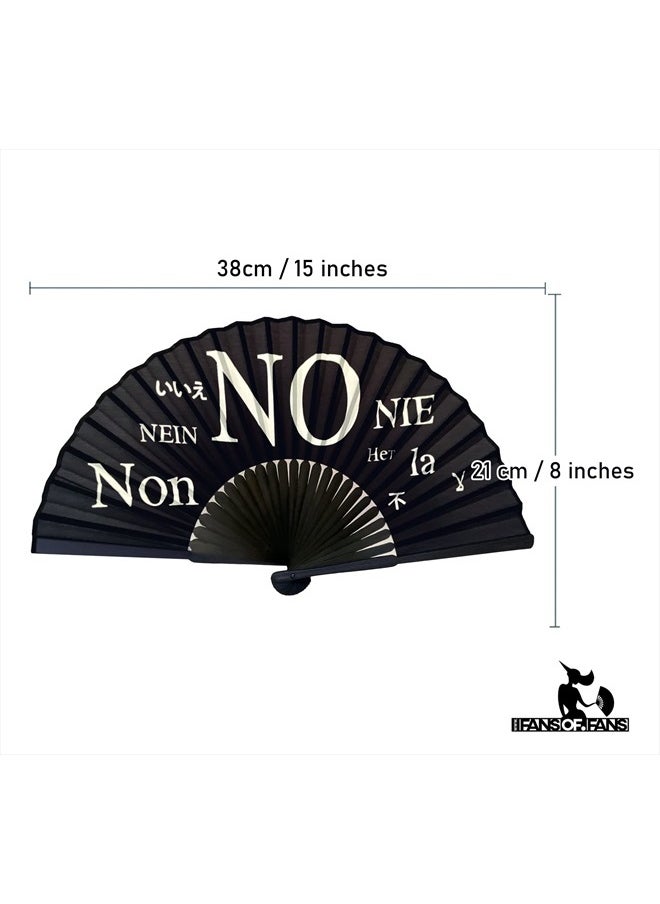 FANSOF.FANS - Black Silk Fabric Folding Hand Held Fan with a Pouch Bamboo Ribs Chinese Vintage Handheld Girls Women Wedding Party Favour Gift (Say No) - Image 1
