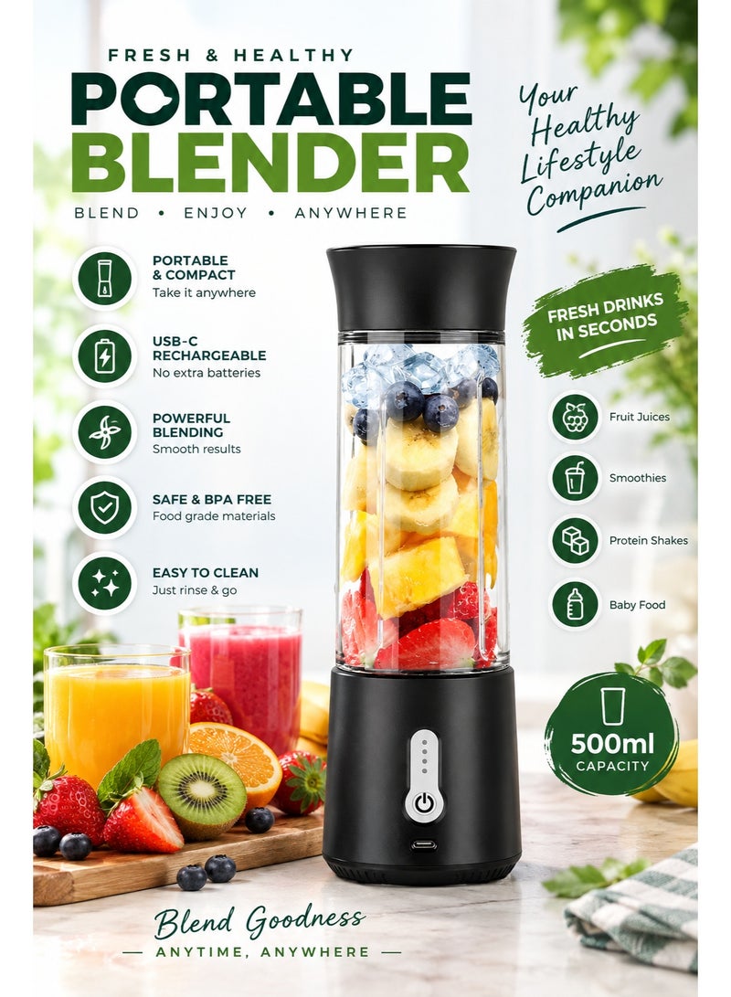 XVersion Portable Blender 500ml, USB Rechargeable Personal Smoothie Blender with High-Speed, Mini Juicer for Travel, Gym, Office, Home & Baby Food - Image 1