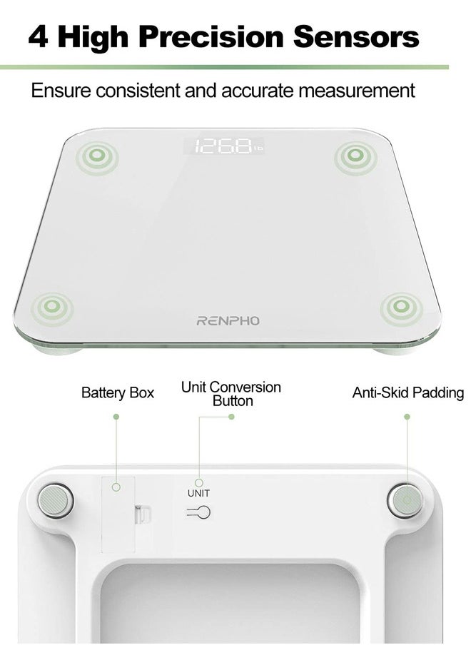 RENPHO - ميزان الحمام الرقمي RENPHO عالي الدقة لقياس وزن الجسم مع شاشة LED مضاءة بتصميم زاوية مستديرة 400 رطل، أبيض - Core 1S - Image 1