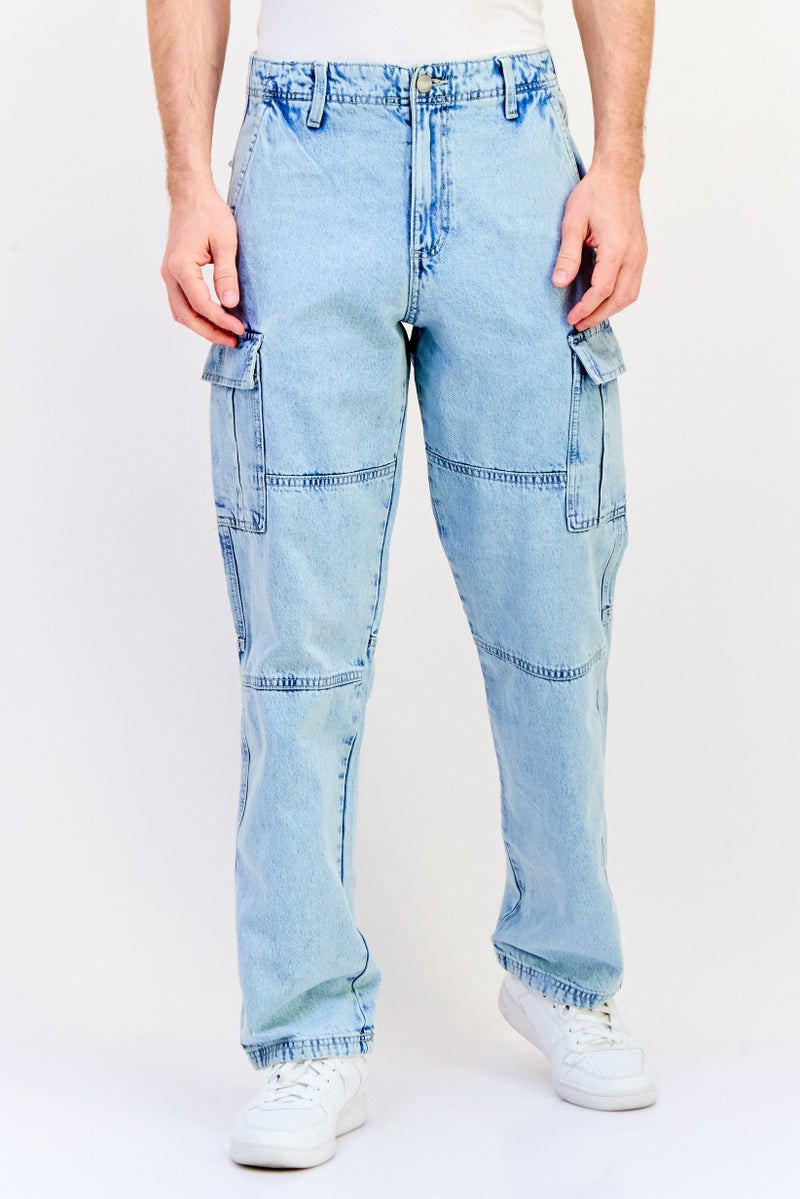 Jack Jones Men Regular Fit Washed Non-Stretchable Cargo Jeans, Blue  - Image 1
