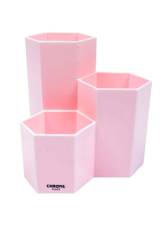 3 Compartments Hexa Hexagon Shape Plastic Pen Stand, Pencil Holder, for Office Work Desk