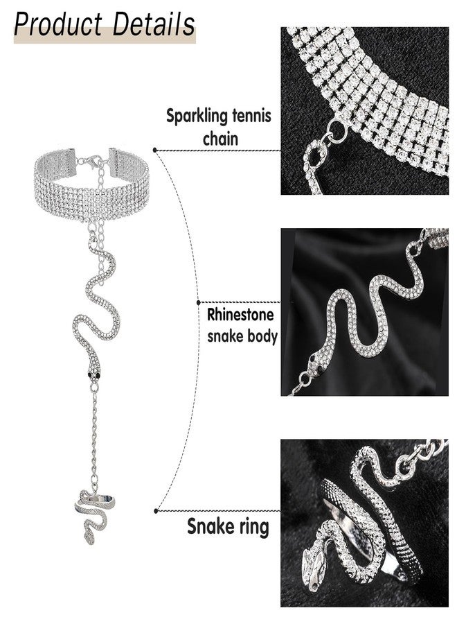 ELABEST Rhinestone Snake Finger Ring Bracelet Diamond Crystal Hand Chain Snake FInger Bracelets for Women (Silver) - Image 4