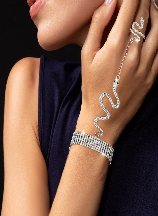 ELABEST Rhinestone Snake Finger Ring Bracelet Diamond Crystal Hand Chain Snake FInger Bracelets for Women (Silver) - Image 2