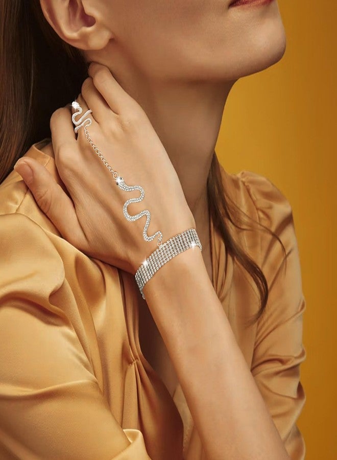 ELABEST Rhinestone Snake Finger Ring Bracelet Diamond Crystal Hand Chain Snake FInger Bracelets for Women (Silver) - Image 3
