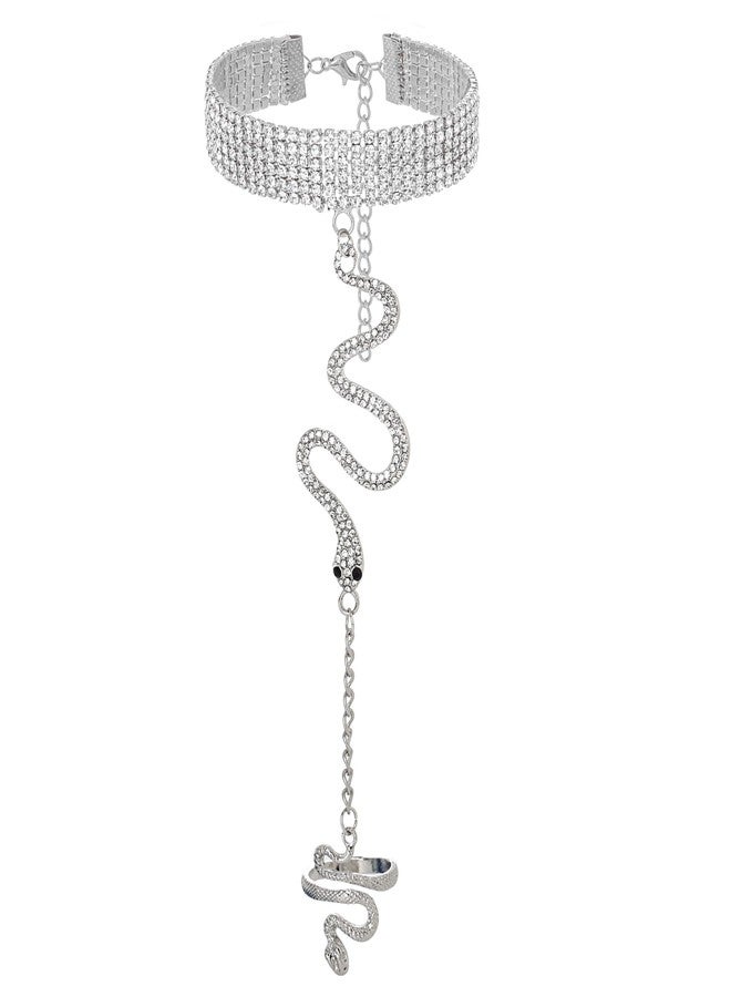 ELABEST Rhinestone Snake Finger Ring Bracelet Diamond Crystal Hand Chain Snake FInger Bracelets for Women (Silver) - Image 1