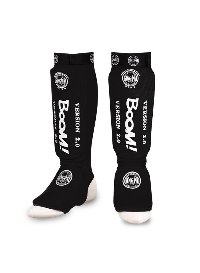 Competing pie Jingpai Muay Thai Leg Guards For Adults And Children, Boxing Training Knitted Shin And Calf Protection With Foot Strap, Black, Size S - Image 1