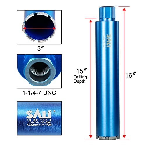 SALI Wet Diamond Core Drill Bits 3"/77mm Diameter, 15"/380mm Drilling Depth Concrete Core Drill Bit, 1-1/4-7" Thread Core Bit Turbo Laser-Welded Segments with Rebar, Brick, Block, Masonry, Stone - Image 2