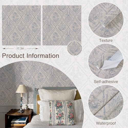Toduso Peel and Stick Wallpaper Vintage Wall Paper Boho Contact Paper Blue Removable Wallpaper for Kitchen Bathroom Bedroom Floral Waterproof Self Adhesive Vinyl Drawer Decor 17.3"x393.7" - Image 5