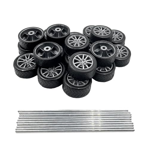 URIMPAVIDO 20PCS Small Toy Car Wheel 18mm Model Car Mini Rubber Tire Wheels with 10PCS Shaft Round Rod Axles for DIY Model Toy RC Car Truck Robot Building Accessories (Silver 2x18mm) - Image 1