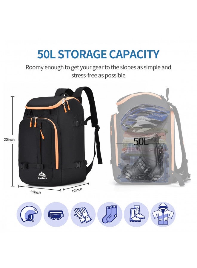 FeedMoo FeedMoo Ski Boot Bag Cooler Backpack 50L Waterproof Snowboard Travel Luggage Snow Bags Black with Orange Zipper for Youth Men Ski Helmet Goggles Gloves Skiing Gear Accessories(Black Orange)  - Image 2