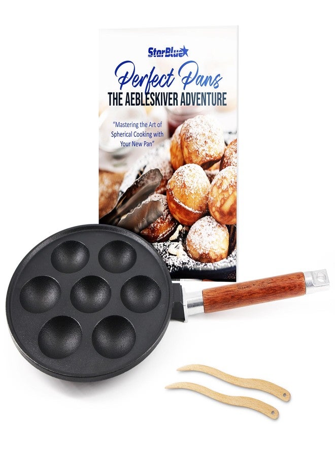 StarBlue 7-Hole Cast Iron Aebleskiver Pan Detachable Wooden Handle, Pre-Seasoned, Aebleskiver Sticks and Recipe Book Included - Image 1