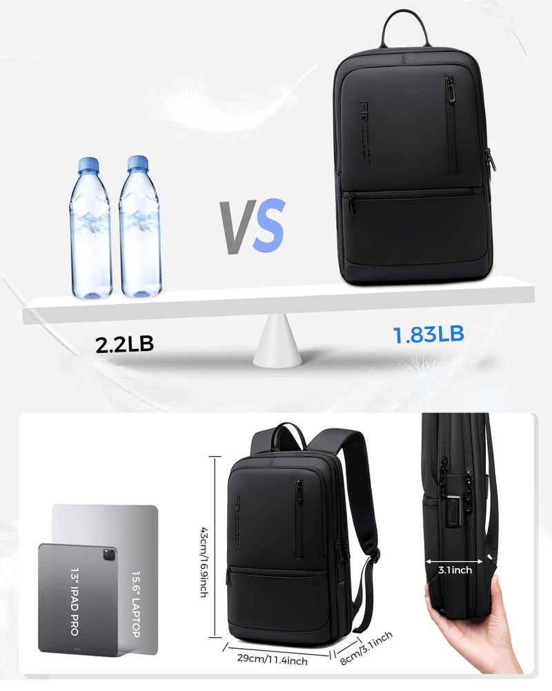 Fenree.geer Slim Laptop Backpack for Men, Lightweight Backpack with USB Charging Port,Water Resistant 15.6 Inch Laptop Bag - Black - Image 2