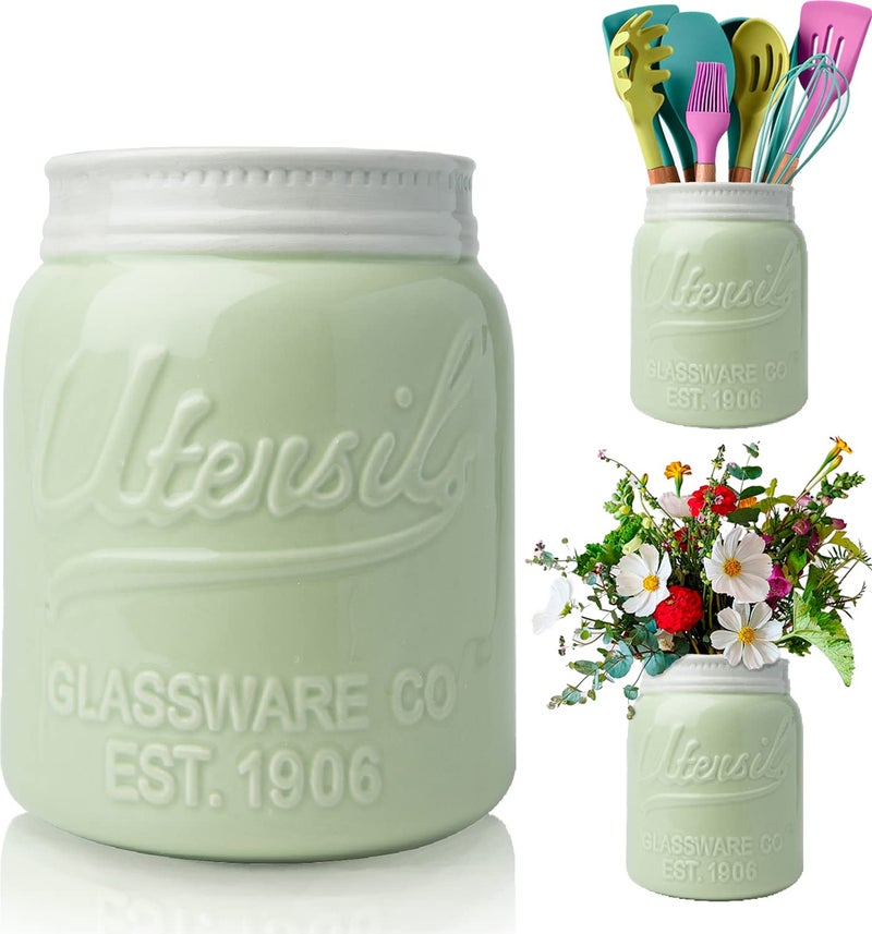 Comfify Wide Mouth Mason Jar Utensil Holder Decorative Kitchenware Organizer Crock Dishwasher Safe  Kitchen Caddy Green Large Size 7 High